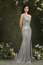 Vestido de dama de honor/graduación de sirena con lentejuelas brillantes de un solo hombro y abertura lateral hasta el suelo