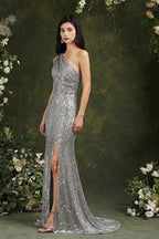 Vestido de dama de honor/graduación de sirena con lentejuelas brillantes de un solo hombro y abertura lateral hasta el suelo