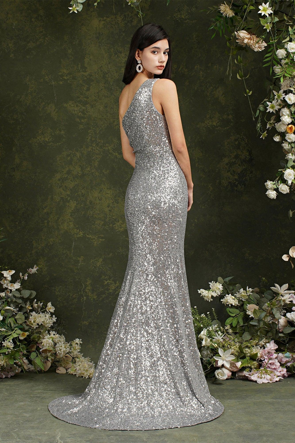 Vestido de dama de honor/graduación de sirena con lentejuelas brillantes de un solo hombro y abertura lateral hasta el suelo