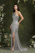 Vestido de dama de honor/graduación de sirena con lentejuelas brillantes de un solo hombro y abertura lateral hasta el suelo
