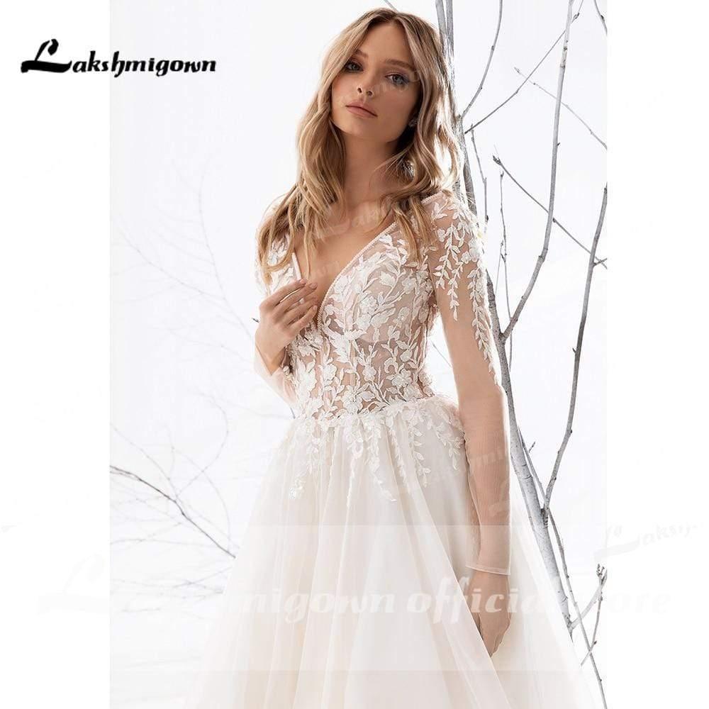 Vestidos de novia de encaje con escote redondo, espalda descubierta y abertura de NumberSea