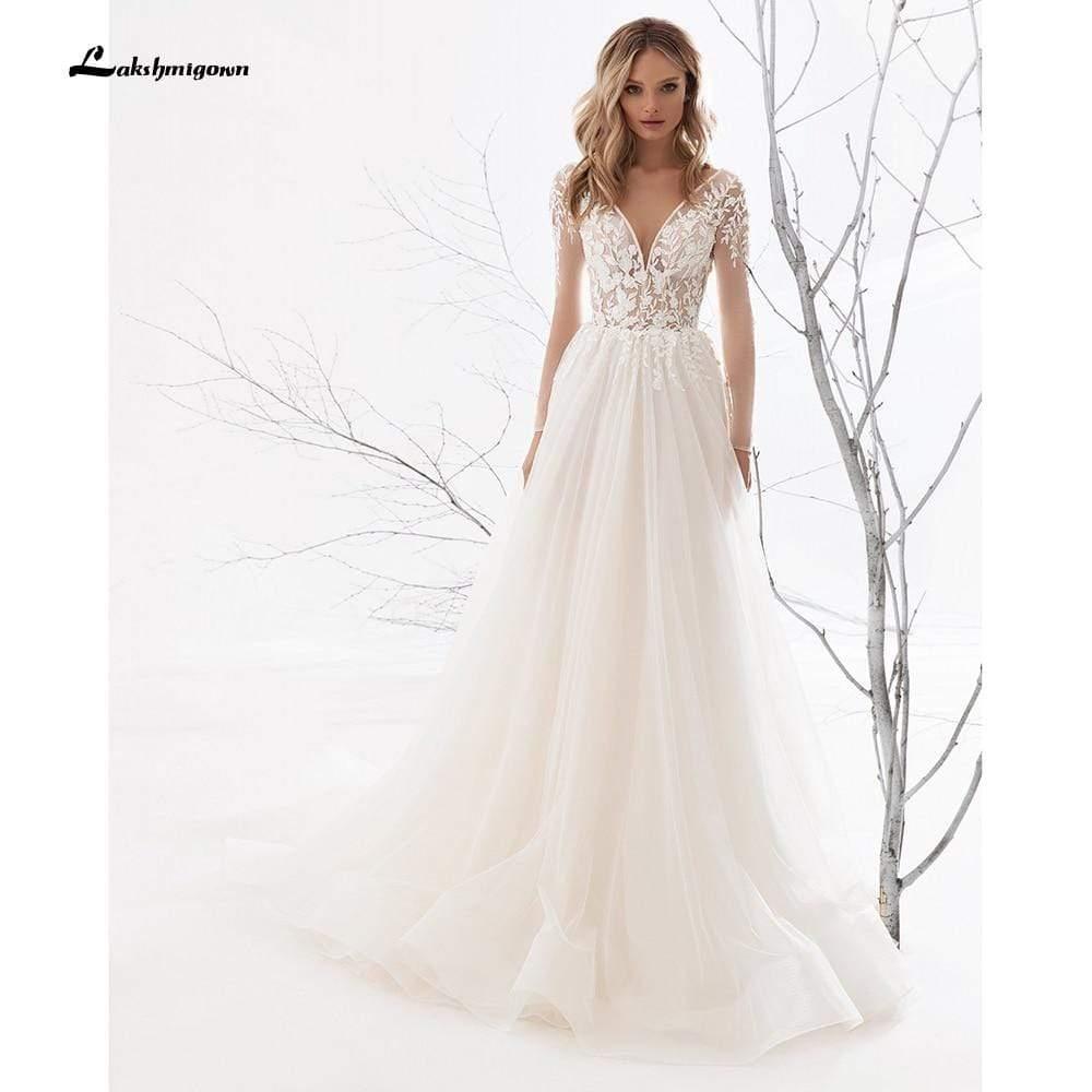 Vestidos de novia de encaje con escote redondo, espalda descubierta y abertura de NumberSea