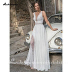 Vestido de novia de encaje dividido NumberSea Vestidos de novia de verano Encaje sexy Cuello en V Línea A