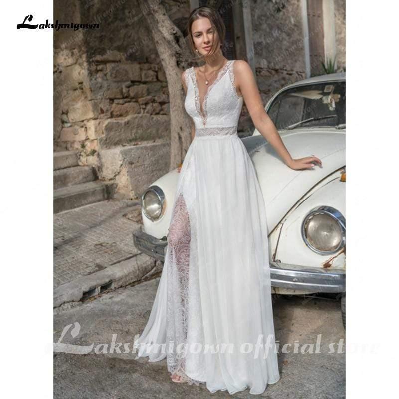 Vestido de novia de encaje dividido NumberSea Vestidos de novia de verano Encaje sexy Cuello en V Línea A
