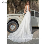 Vestido de novia de encaje dividido NumberSea Vestidos de novia de verano Encaje sexy Cuello en V Línea A