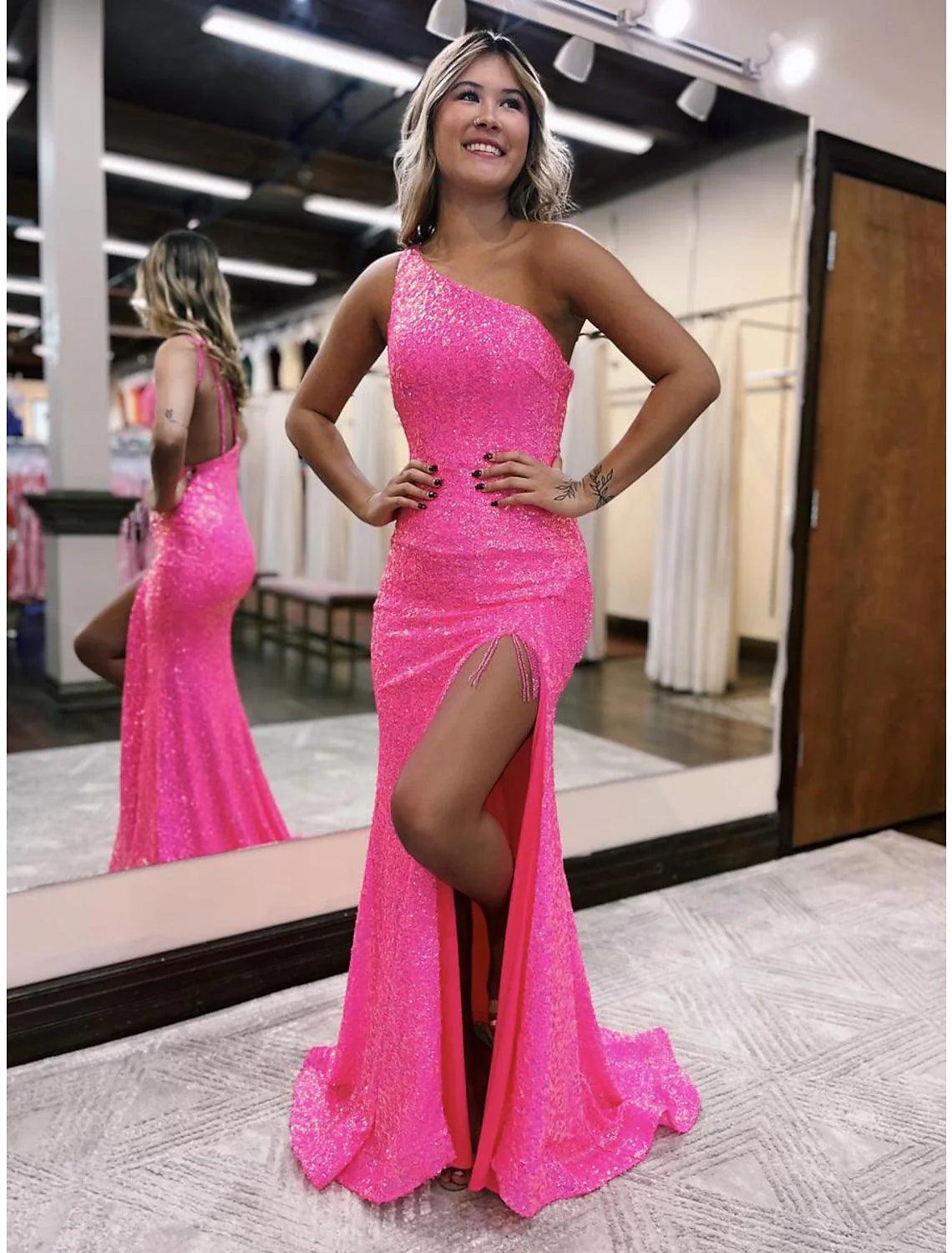 Vestidos de fiesta de sirena/trompeta con brillo y brillo, vestido formal para fiesta de bodas, cola larga/corta, sin mangas, un hombro, con lentejuelas, espalda descubierta y abertura con lentejuelas
