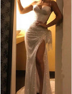 Vestido de noche con corte en forma de columna, corte alto, para invitados de boda, formal, sin mangas, con tirantes finos, de satén y brillo.
