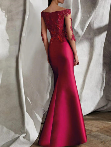 Meerjungfrau/Trompete Abendkleid Blumenkleid Hochzeitsgast Verlobung Bodenlang 3/4 Ärmel V-Ausschnitt Satin mit drapierten Schlitz Applikationen