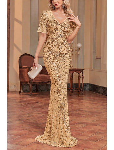 Meerjungfrau/Trompete Kleid für die Brautmutter, Hochzeitsgast, Sparkle &amp; Shine, elegant, V-Ausschnitt, bodenlang, Pailletten, kurze Ärmel, mit Paillettenblume