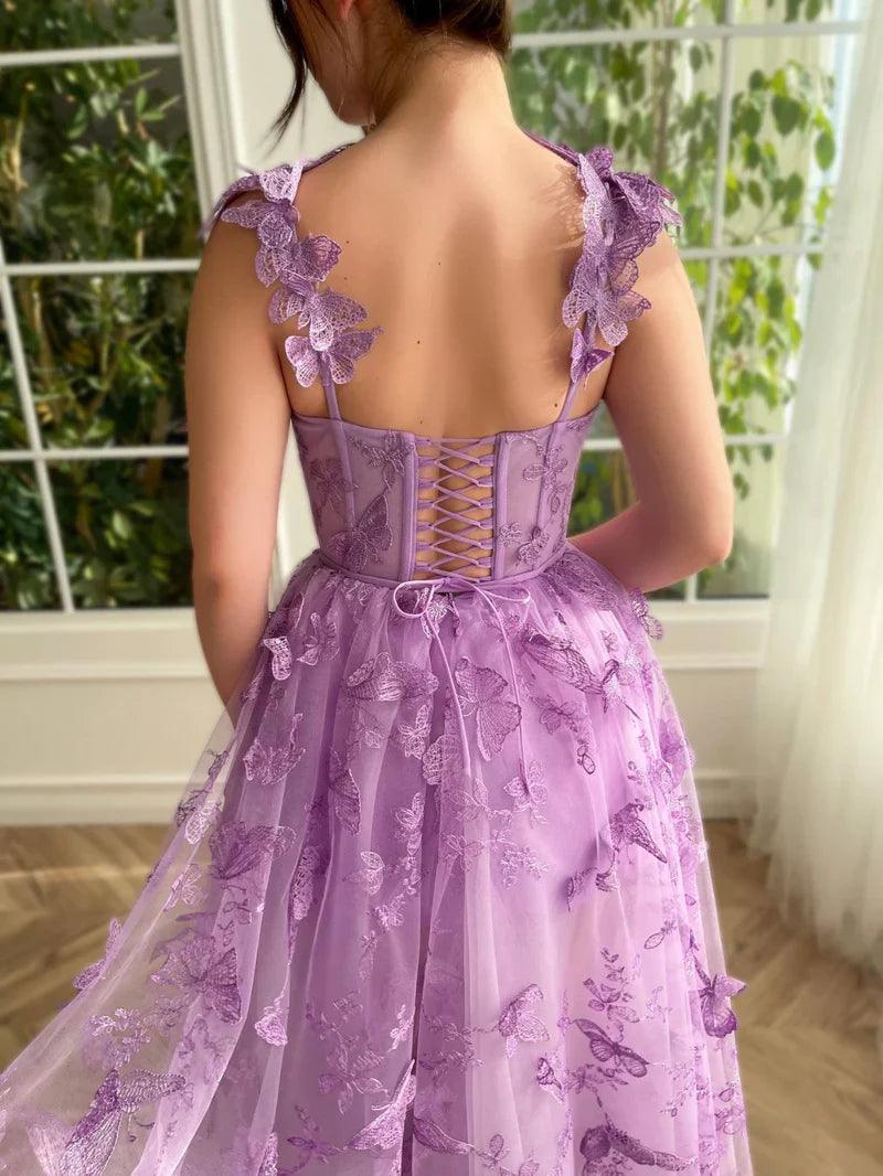 Vestido de fiesta Aline de tul midi con mariposas