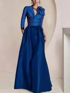 Vestido elegante vintage para invitada de boda, fiesta, escote joya, escote en V, largo hasta el suelo, de gasa, manga 3/4, media manga con drapeado fruncido y abertura frontal para madre de la novia