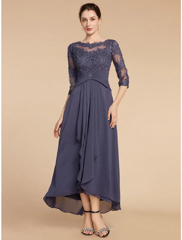 Numbersea A-Linien-Kleid für die Mutter der Braut, für Hochzeitsgäste, elegant, U-Ausschnitt, knöchellang, Chiffon, Spitze, 3/4-Ärmel mit Rüschen, einfarbig