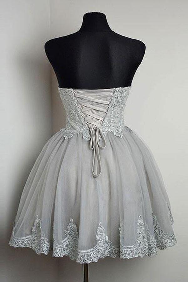 Strapless Sweetheart Neck Grey Homecoming Dresses Lace Appliqued