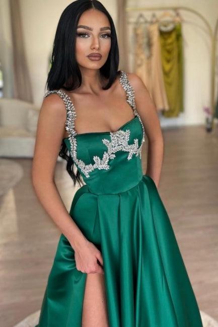 Impresionante vestido de fiesta largo verde oscuro de satén con corte en A, sin mangas y abertura.