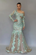 Impresionante vestido de fiesta largo de sirena con un solo hombro, encaje y cuentas, con mangas largas