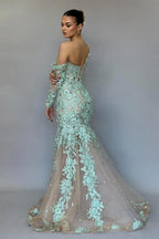 Impresionante vestido de fiesta largo de sirena con un solo hombro, encaje y cuentas, con mangas largas