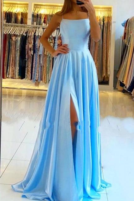 Atemberaubendes Satin-Abendkleid mit Spaghettiträgern und Seitenschlitz