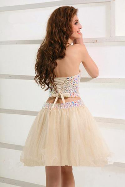 Stunning Two Piece Short Tulle Beaded Sweet Homecoming/Party Dress PD119