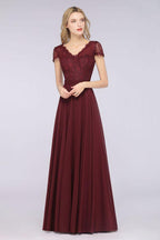 Stylish A-Line V-Neck Cap-Sleeves Floor-Length Bridesmaid Dress