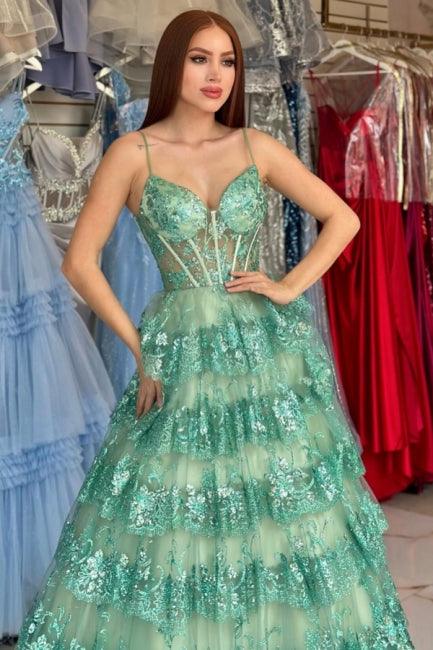 Elegante vestido de fiesta largo verde de corte A con tirantes finos y encaje con lentejuelas