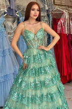 Elegante vestido de fiesta largo verde de corte A con tirantes finos y encaje con lentejuelas