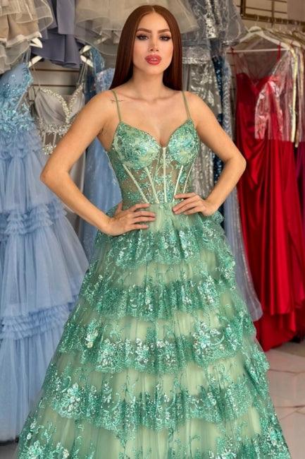 Elegante vestido de fiesta largo verde de corte A con tirantes finos y encaje con lentejuelas
