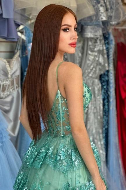 Elegante vestido de fiesta largo verde de corte A con tirantes finos y encaje con lentejuelas