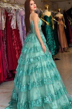 Elegante vestido de fiesta largo verde de corte A con tirantes finos y encaje con lentejuelas
