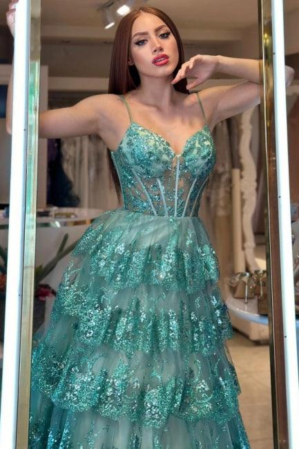 Elegante vestido de fiesta largo verde de corte A con tirantes finos y encaje con lentejuelas