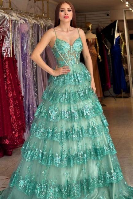 Elegante vestido de fiesta largo verde de corte A con tirantes finos y encaje con lentejuelas
