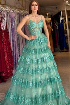 Elegante vestido de fiesta largo verde de corte A con tirantes finos y encaje con lentejuelas