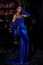 Stylish Long Royal Blue Strapless Velvet Beading Mermaid Prom Dress