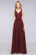 Stylish V-Neck aline Evening Maxi Gown Chiffon Sleeveless Bridesmaid Dress Burgundy