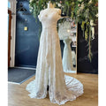 Vestido de novia NumberSea con escote en V, encaje floral, hombros descubiertos, abertura media, estilo bohemio, manga corta, tirantes finos 
