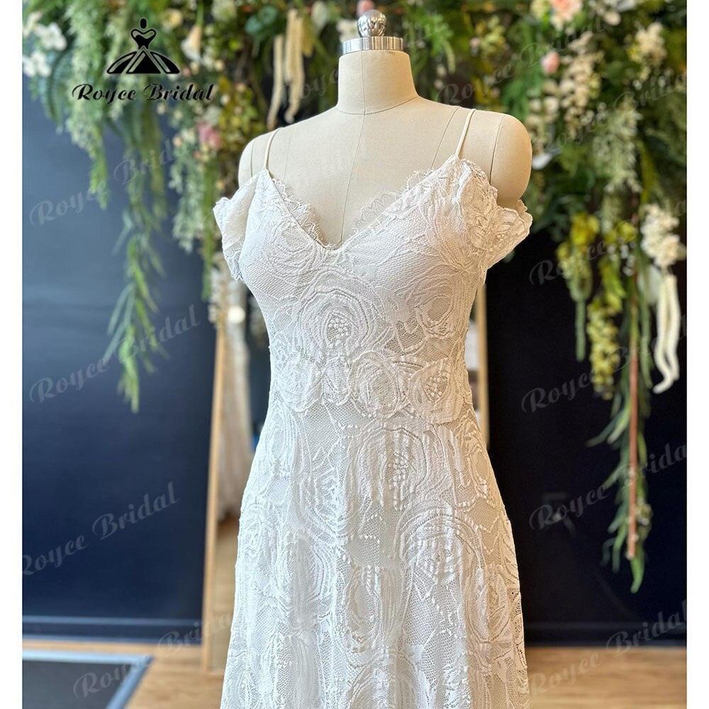 Vestido de novia NumberSea con escote en V, encaje floral, hombros descubiertos, abertura media, estilo bohemio, manga corta, tirantes finos 