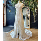 Vestido de novia NumberSea con escote en V, encaje floral, hombros descubiertos, abertura media, estilo bohemio, manga corta, tirantes finos 