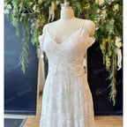 Vestido de novia NumberSea con escote en V, encaje floral, hombros descubiertos, abertura media, estilo bohemio, manga corta, tirantes finos 