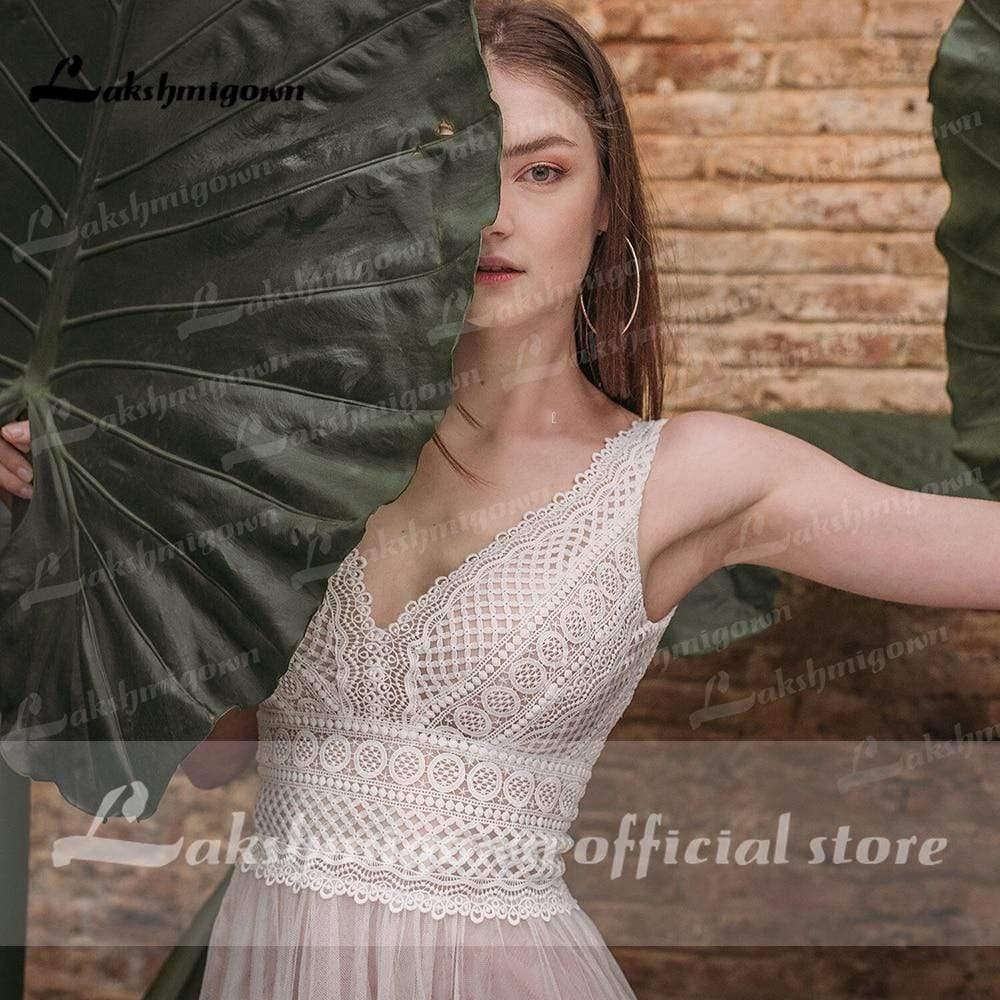 Vestidos de novia bohemios de encaje de verano NumberSea con cuello en V y encaje bohemio