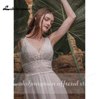 Vestidos de novia bohemios de encaje de verano NumberSea con cuello en V y encaje bohemio