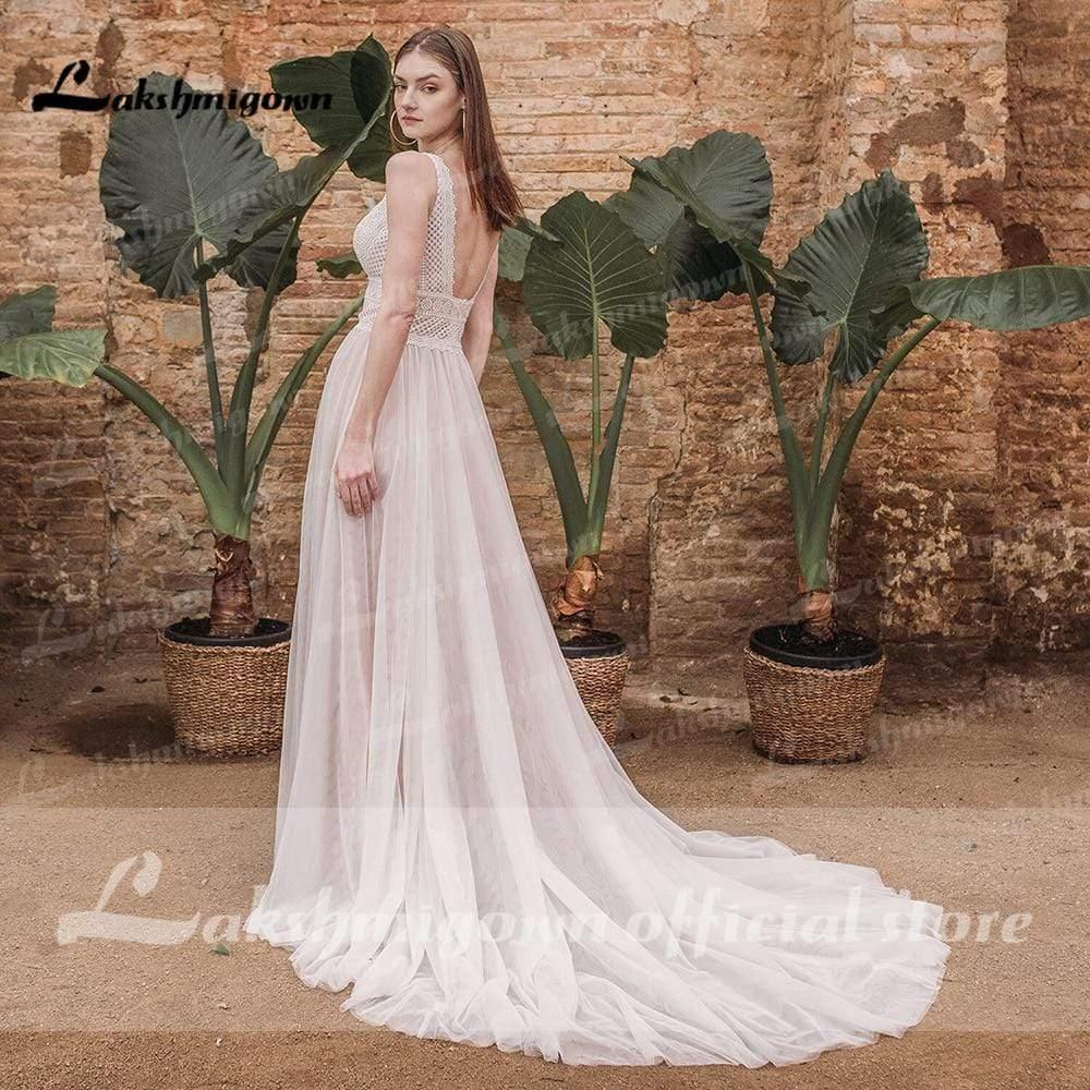 Vestidos de novia bohemios de encaje de verano NumberSea con cuello en V y encaje bohemio