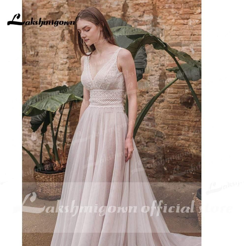Vestidos de novia bohemios de encaje de verano NumberSea con cuello en V y encaje bohemio