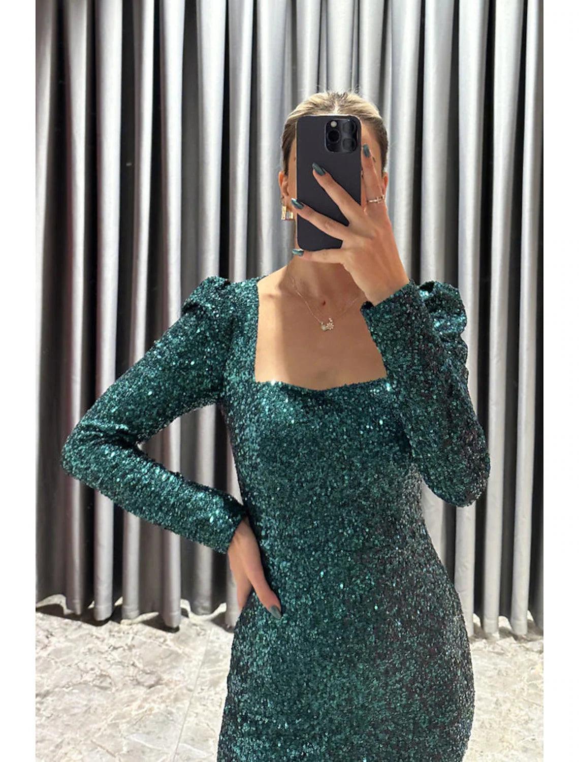 Sheath / Column Evening Gown Elegant Dress Formal Fall Tea Length Long Sleeve Square Neck Sequined with Glitter Slit