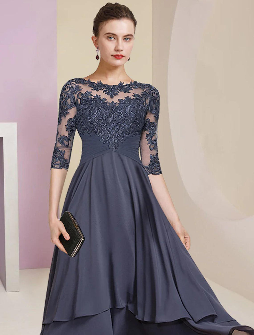 Etui-Linie/Säulenkleid für die Brautmutter, Hochzeitsgast, Party, elegant, hochgeschlossen, Rundhalsausschnitt, asymmetrisch, Chiffon, Spitze, halbe Ärmel mit Falten, einfarbig