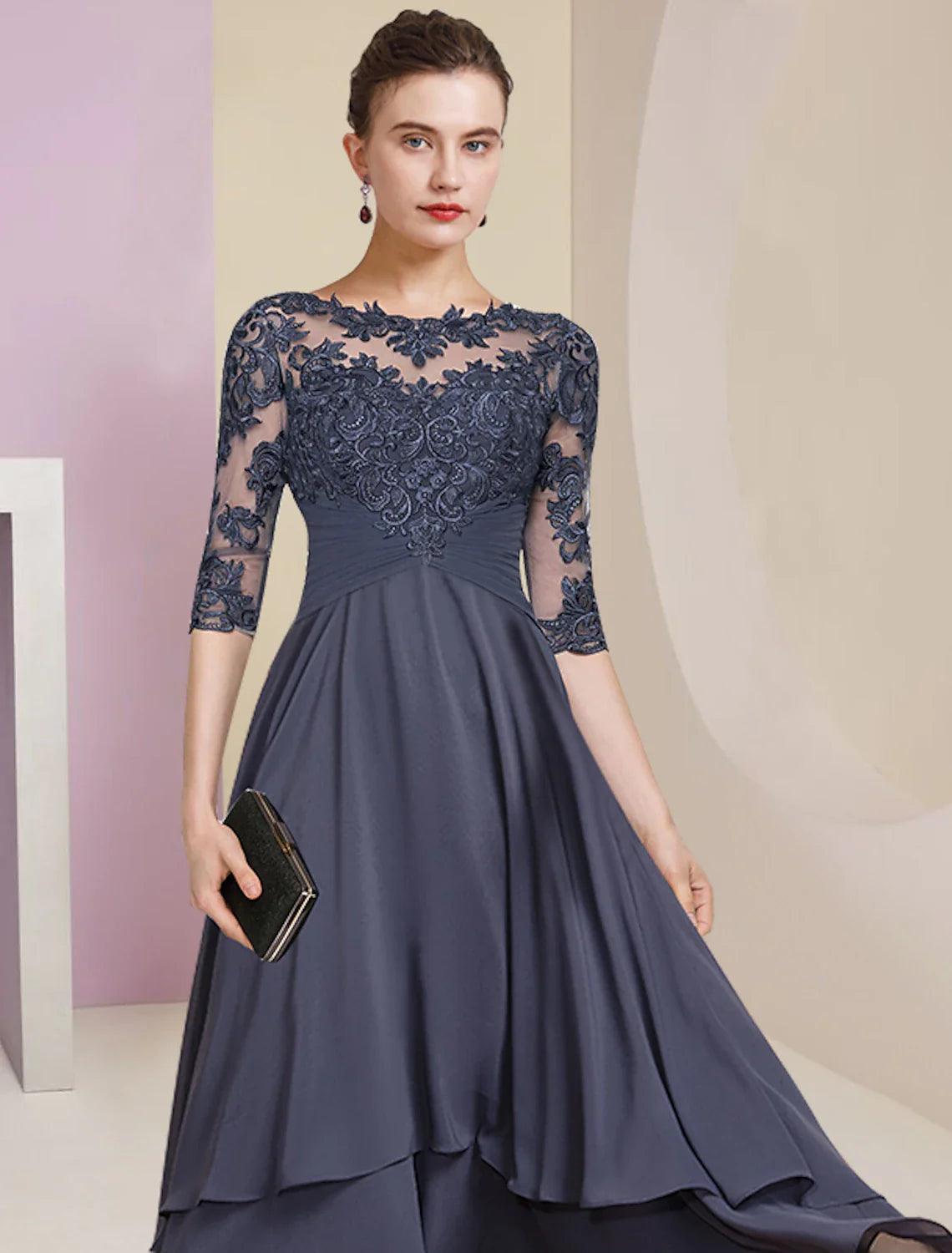 Etui-Linie/Säulenkleid für die Brautmutter, Hochzeitsgast, Party, elegant, hochgeschlossen, Rundhalsausschnitt, asymmetrisch, Chiffon, Spitze, halbe Ärmel mit Falten, einfarbig