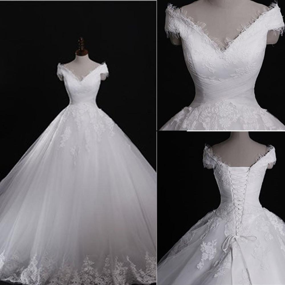 Vestido de novia clásico de encaje blanco NumberSea con hombros descubiertos y cordones, MW186 