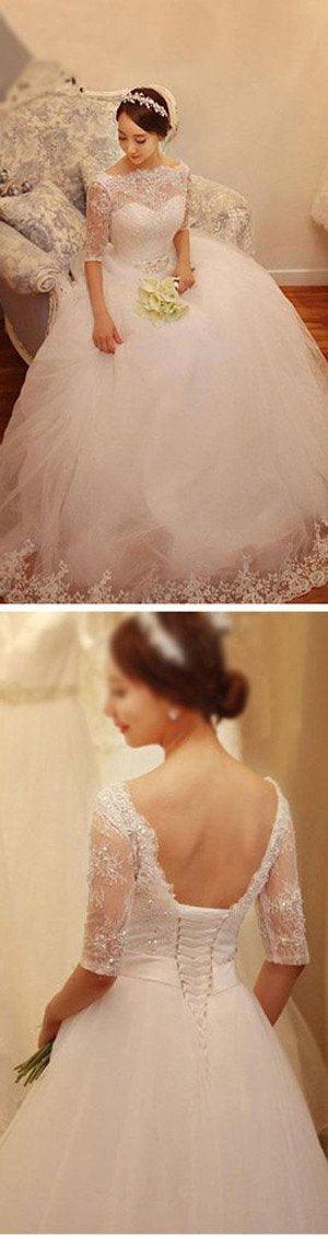NumberSea White Lace Tulle Half Sleeve Wedding Dresses with Beading, Bridal Gowns