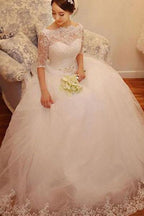 NumberSea White Lace Tulle Half Sleeve Wedding Dresses with Beading, Bridal Gowns