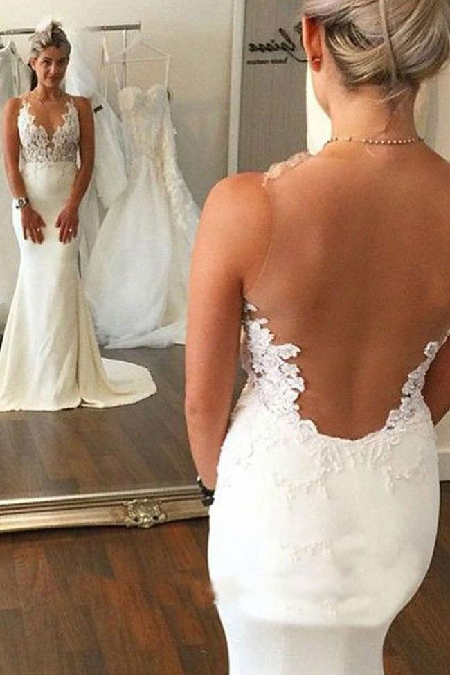 Vestido de novia NumberSea de encaje blanco transparente con corte sirena y espalda descubierta, MW203