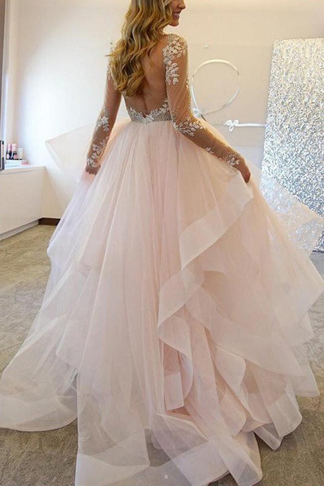 Vestidos de novia de encaje con espalda abierta, corte A, manga larga, MW202 