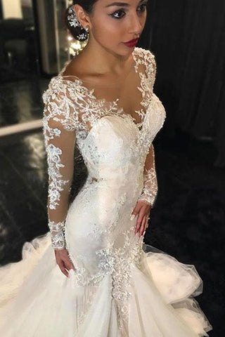 NumberSea Weißes langärmliges durchsichtiges Spitzen-Hochzeitskleid, elegante Brautkleider, MW189 
